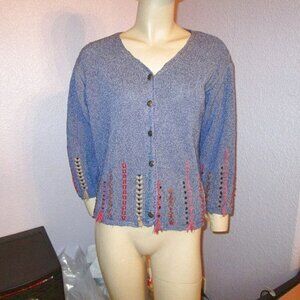 Icelandic Design Embroidered Knit Cardigan Size L Silk Blend Crop Sweater Layers